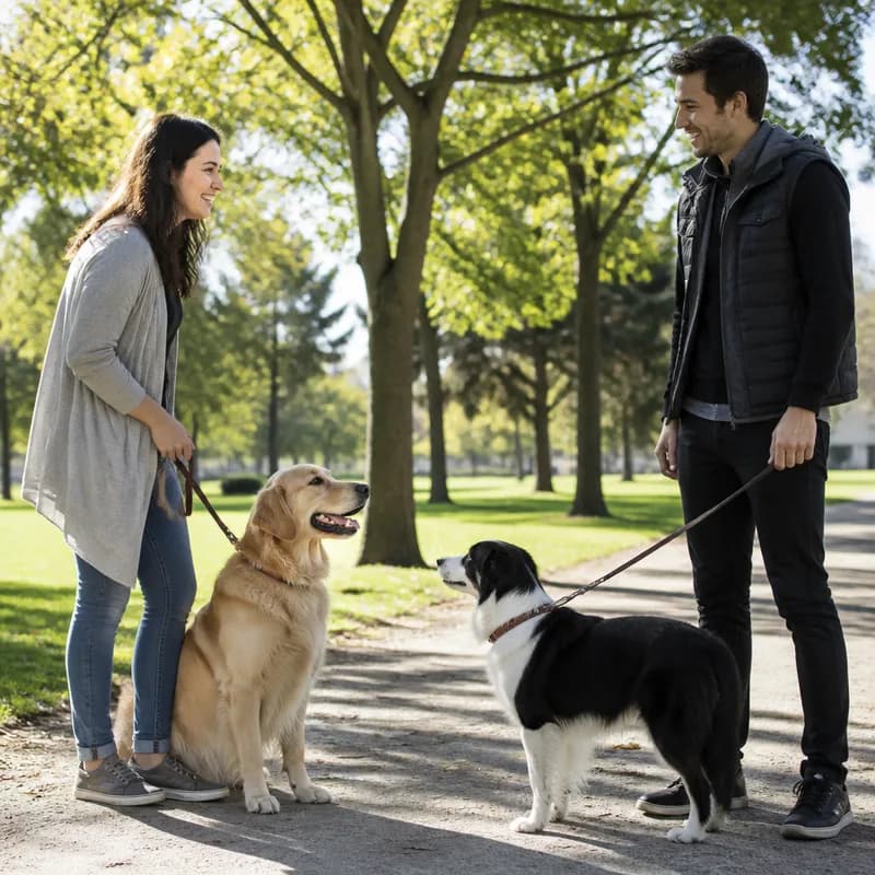 Dos personas con sus perros en el parque, el comienzo de una historia en Amipet